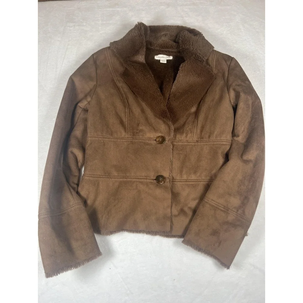 Coldwater‎ Creek Jacket Womens XS Brown Faux Suede Faux Fur Lined Button Front